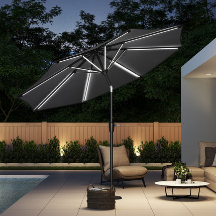 3M Large Patio Parasol Outdoor Beach Umbrella with LED Lights No Base Gark Grey