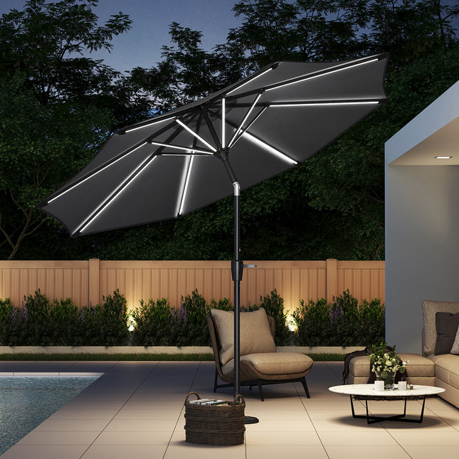 3M Large Patio Parasol Outdoor Beach Umbrella with LED Lights No Base Gark Grey