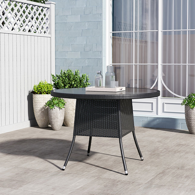 105CM Patio Garden Round Rattan Glass Table With Umbrella Hole Black