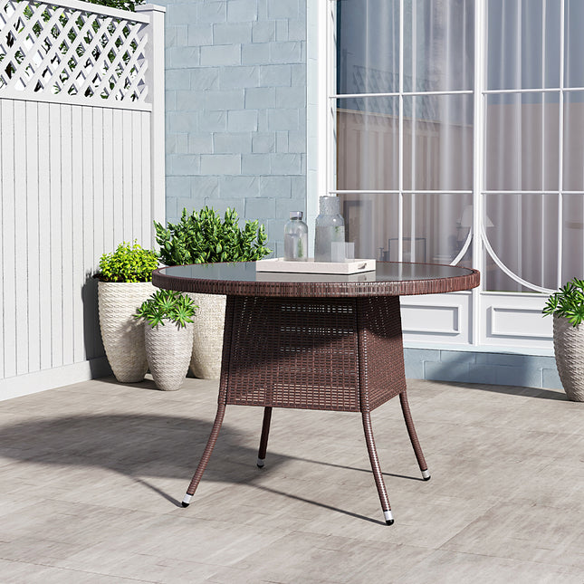 105CM Patio Garden Round Rattan Glass Table With Umbrella Hole Brown