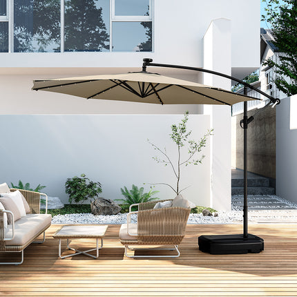 3M Large Garden Hanging LED Parasol Cantilever Sun Shade Banana Umbrella with Rectangular Base, Beige
