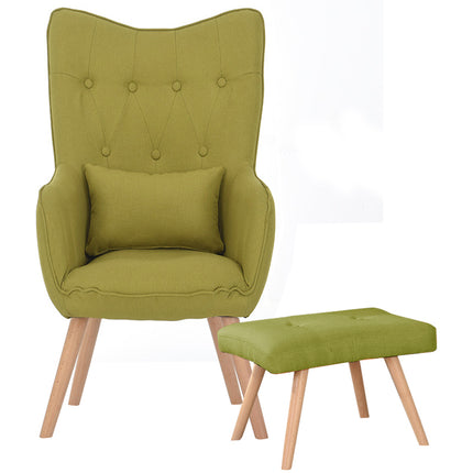 Linen Curved Buttoned Back Armchair with Footstool and Lumbar Pillow, Green