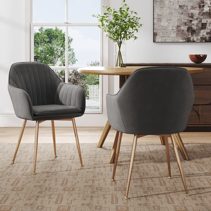 Dark Grey Velvet Upholstered Dining Chair Set of 2 with Golden Legs