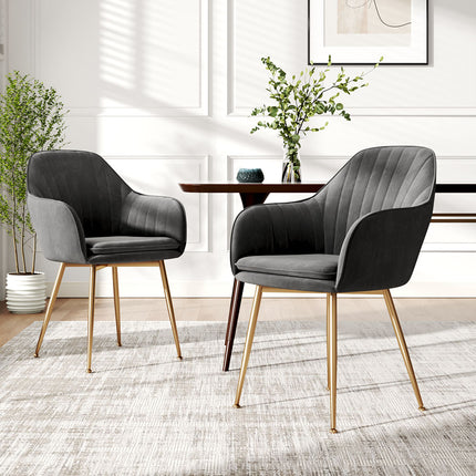 Dark Grey Velvet Upholstered Dining Chair Set of 2 with Golden Legs