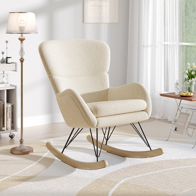 Beige Faux Wool Upholstered Rocking Chair