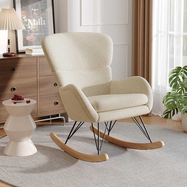 Beige Faux Wool Upholstered Rocking Chair