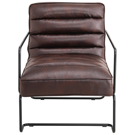 Brown Mid-Century PU leather Linen Armchair with Metal Base