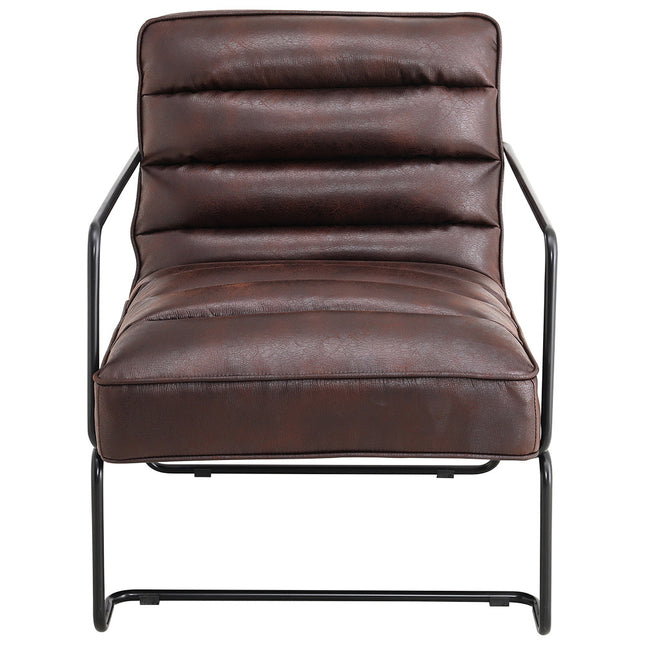 Brown Mid-Century PU leather Linen Armchair with Metal Base