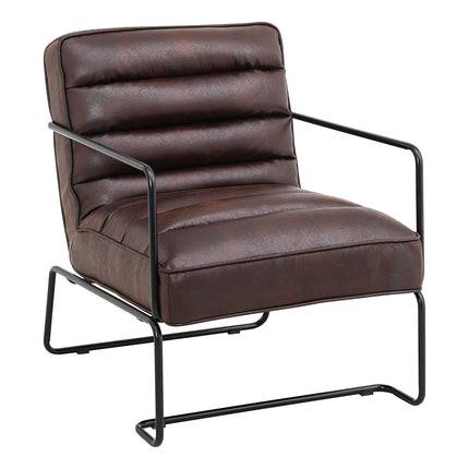 Brown Mid-Century PU leather Linen Armchair with Metal Base