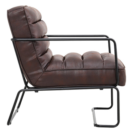 Brown Mid-Century PU leather Linen Armchair with Metal Base