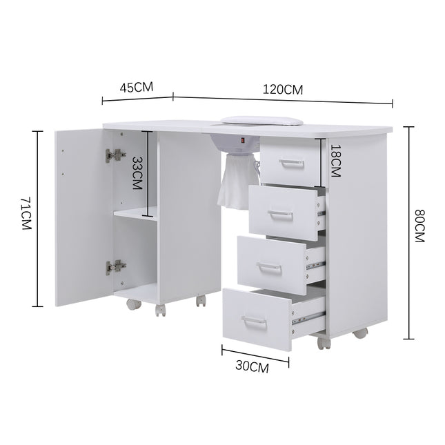White Manicure Table with Dust Collector and Wrist Cushion 120cm