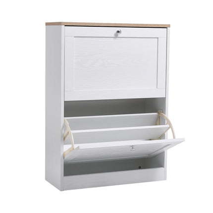White Wooden 2 Drawer Flip Down Shoe Cabinet