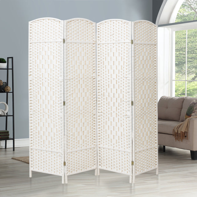 White Solid Weave Wicker Wood Room Divider 4 Panel 160×170cm