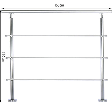 150CM Handrail Stainless Steel Balustrade with 3 Crossbars Stair Rails