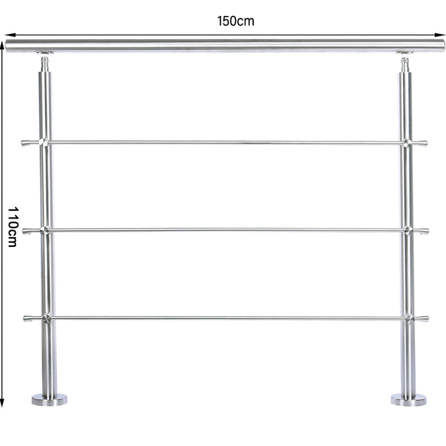 150CM Handrail Stainless Steel Balustrade with 3 Crossbars Stair Rails