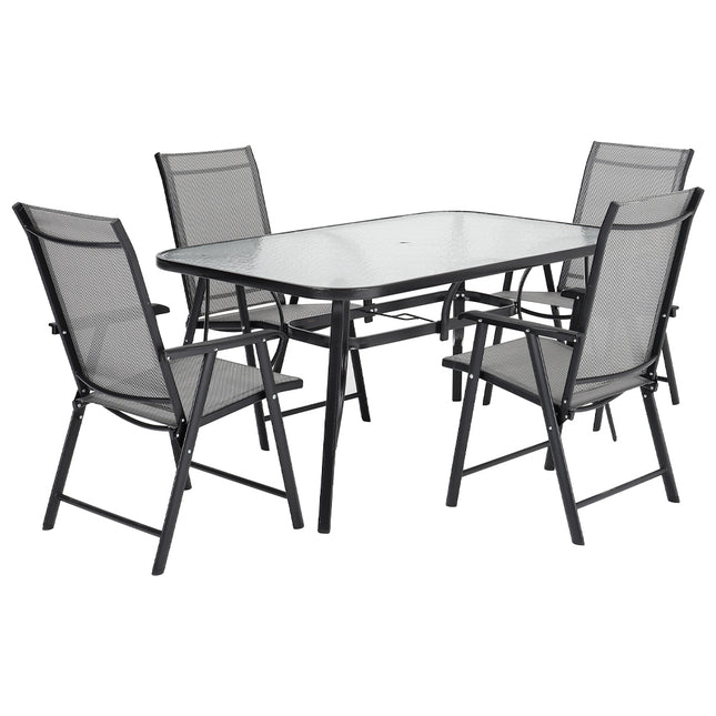 Set of 5 Garden 120CM Ripple Glass Rectangle Umbrella Table and Folding Chairs Set, Black