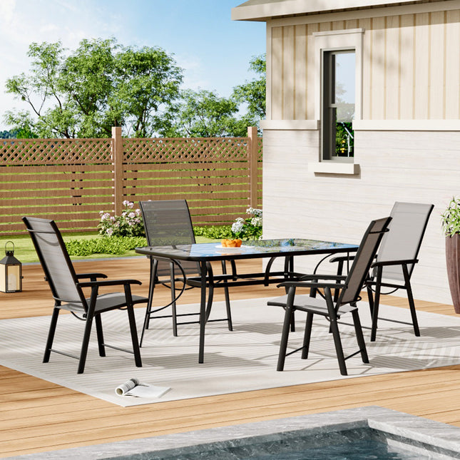 Set of 5 Garden 150CM Ripple Glass Rectangle Umbrella Table and Folding Chairs Set, Black