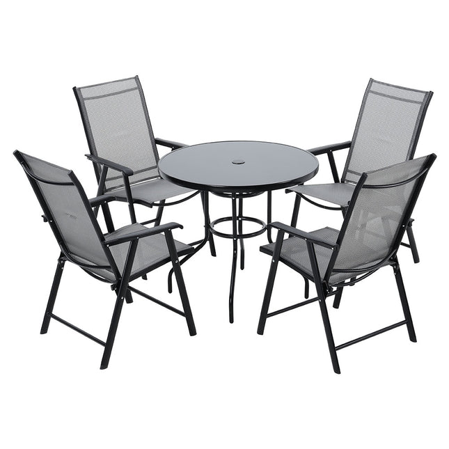 5-Piece Garden Patio Set 80cm Round Glass Umbrella Table and Folding Chairs