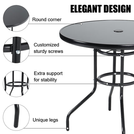 80CM Garden Glass Top Table With Umbrella Hole Round