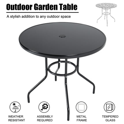 80CM Garden Glass Top Table With Umbrella Hole Round