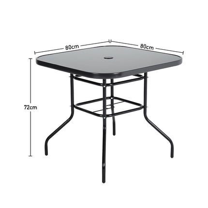3-Piece Garden Set 80cm Square Glass Umbrella Table and Stackable Chairs