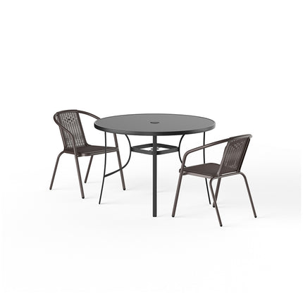 Set of 3 Garden 105CM Patio Glass Umbrella Round Table and Stackable Chairs Set