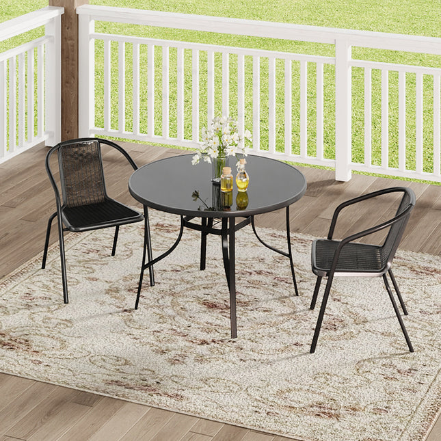 Set of 3 Garden 105CM Patio Glass Umbrella Round Table and Stackable Chairs Set