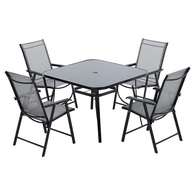 5-Piece Outdoor Set 105cm Rectangular Glass Umbrella Table and Folding Chairs
