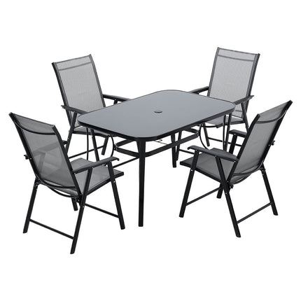 Black Set of 5 Garden 120CM Rectangle Glass Umbrella Table and Folding Chairs Set