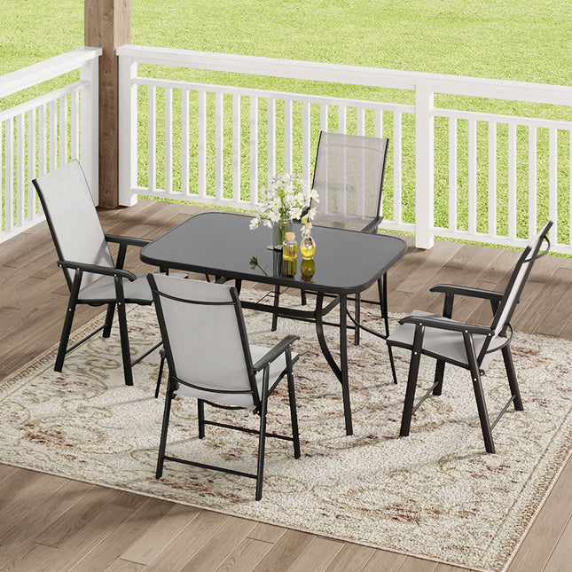 Black Set of 5 Garden 120CM Rectangle Glass Umbrella Table and Folding Chairs Set