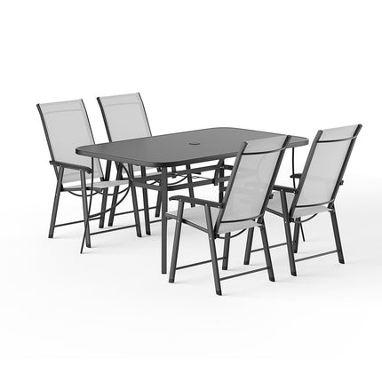 5-Piece Garden Set: 150cm Rectangular Glass Umbrella Table and Folding Chairs