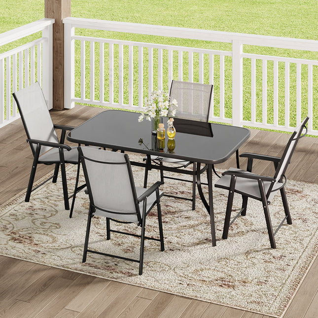 5-Piece Garden Set: 150cm Rectangular Glass Umbrella Table and Folding Chairs