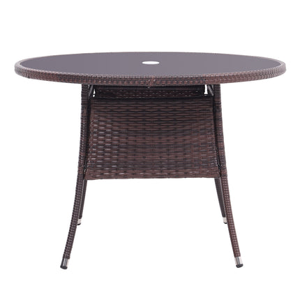 105CM Patio Garden Round Rattan Glass Table With Umbrella Hole Brown