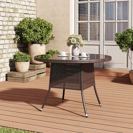 105CM Patio Garden Round Rattan Glass Table With Umbrella Hole Brown