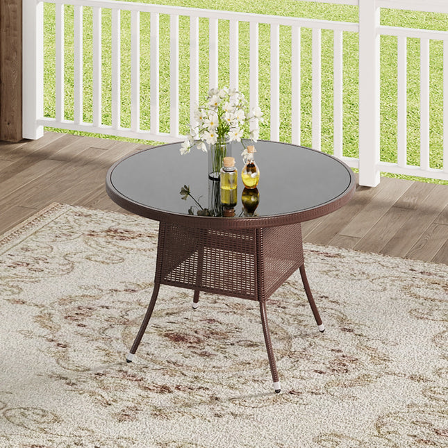105CM Patio Garden Round Rattan Glass Table With Umbrella Hole Brown