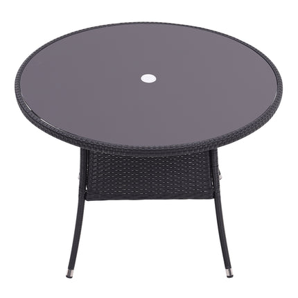 105CM Patio Garden Round Rattan Glass Table With Umbrella Hole Black