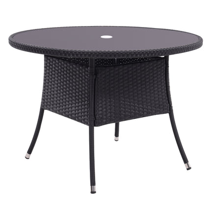 105CM Patio Garden Round Rattan Glass Table With Umbrella Hole Black