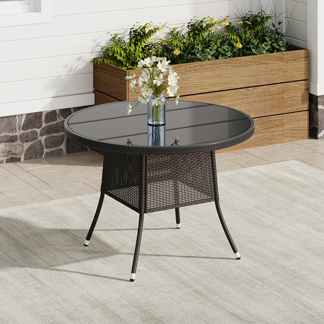 105CM Patio Garden Round Rattan Glass Table With Umbrella Hole Black