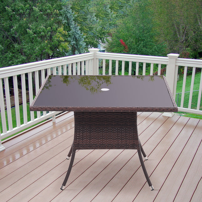 105CM Patio Garden Square Rattan Glass Table With Umbrella Hole Brown