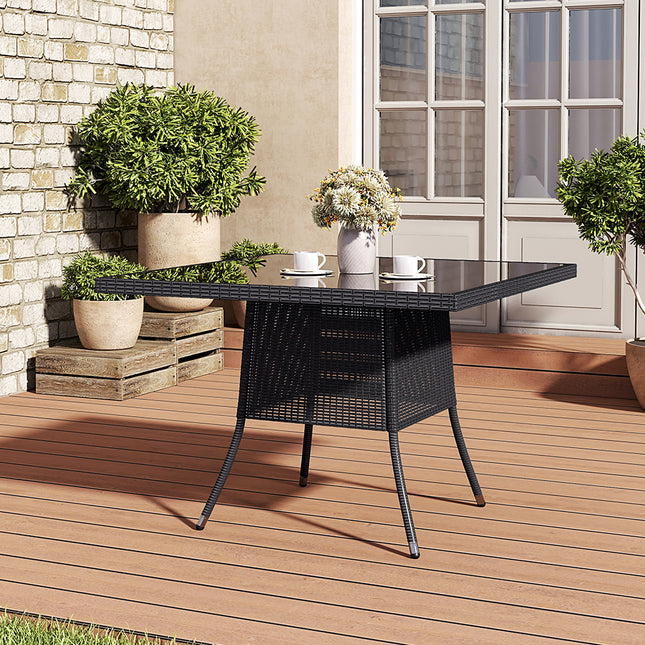 105CM Patio Garden Square Rattan Glass Table With Umbrella Hole Black