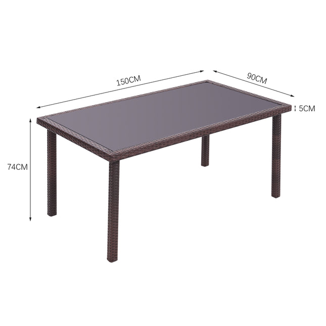 150CM Patio Garden Rectangle Rattan Frame Glass Top Table Brown