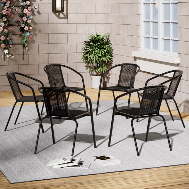 Set of 6 Black Garden Patio Metal Wicker Chairs