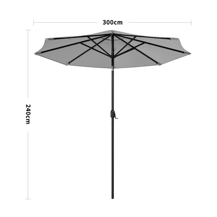 3M Light Grey Large Garden LED Parasol Outdoor Umbrella with Light Sun Shade Crank Tilt with 14KG Round Base