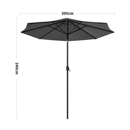 3M Large Garden LED Parasol Outdoor Beach Umbrella with Light Sun Shade Crank Tilt No Base,Dark Grey