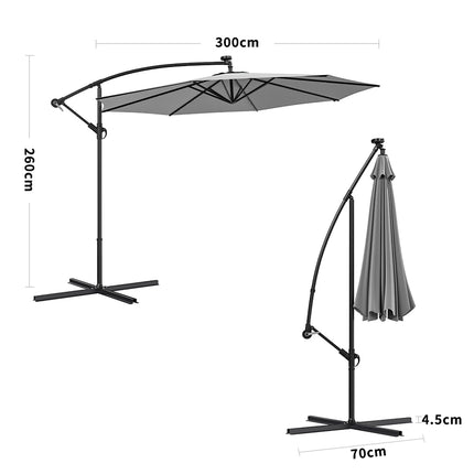 3M Large Garden Hanging LED Parasol Cantilever Sun Shade Banana Umbrella with Cross Base, Light Grey