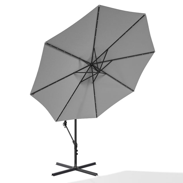 3M Large Garden Hanging LED Parasol Cantilever Sun Shade Banana Umbrella with Cross Base, Light Grey