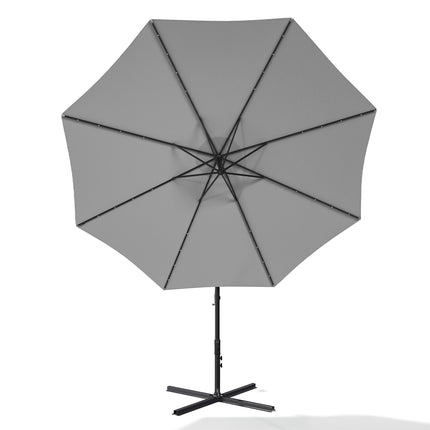 3M Large Garden Hanging LED Parasol Cantilever Sun Shade Banana Umbrella with Cross Base, Light Grey