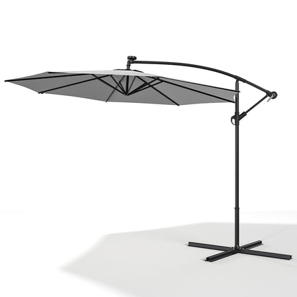 3M Large Garden Hanging LED Parasol Cantilever Sun Shade Banana Umbrella with Cross Base, Light Grey