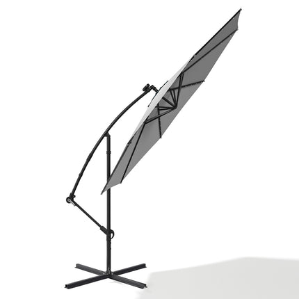 3M Large Garden Hanging LED Parasol Cantilever Sun Shade Banana Umbrella with Cross Base, Light Grey