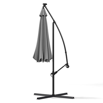3M Large Garden Hanging LED Parasol Cantilever Sun Shade Banana Umbrella with Cross Base, Light Grey
